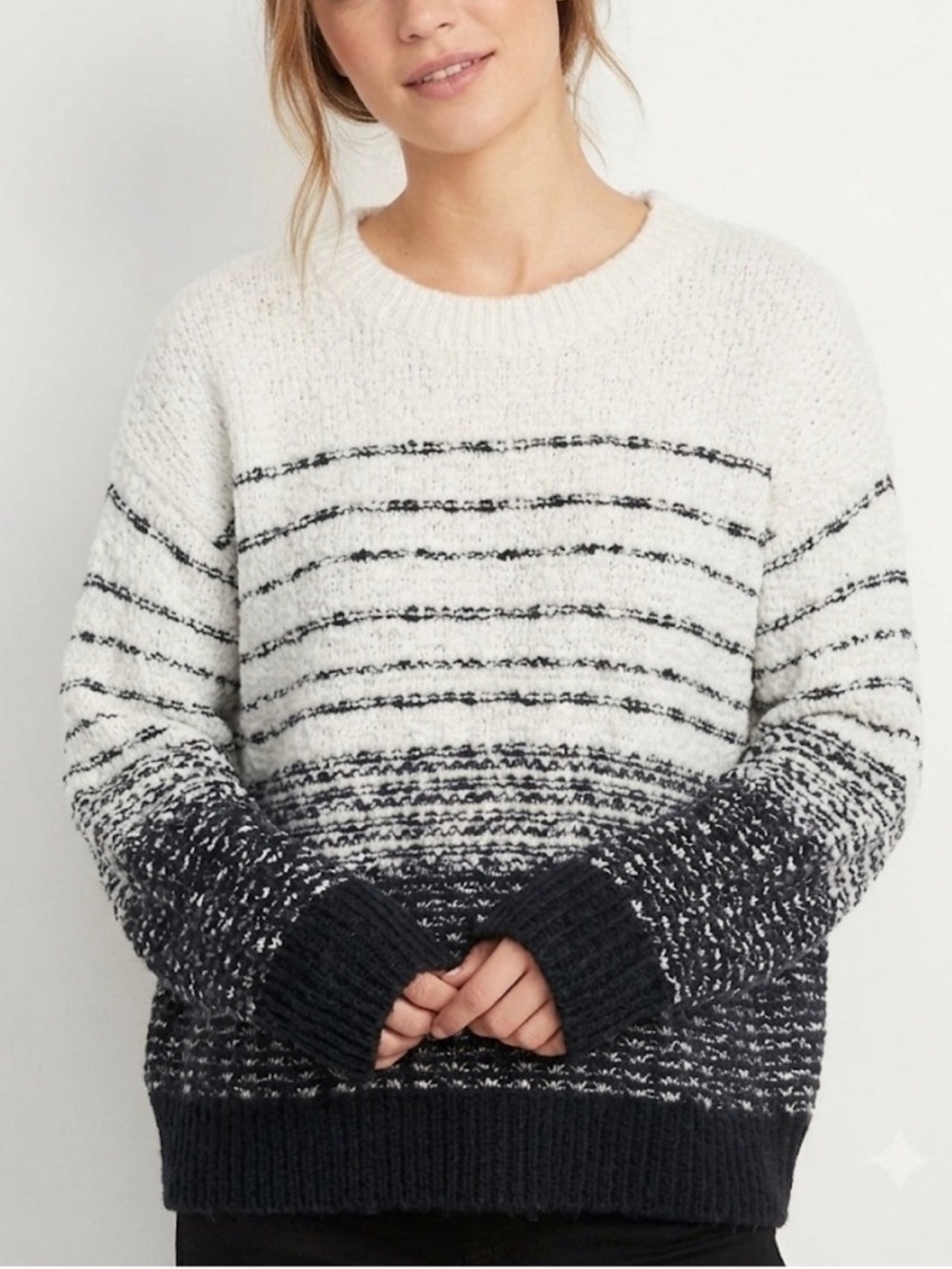 VINCE Wool Blend Black Ivory Ombre Stripe Chunky Knit Sweater Size Large